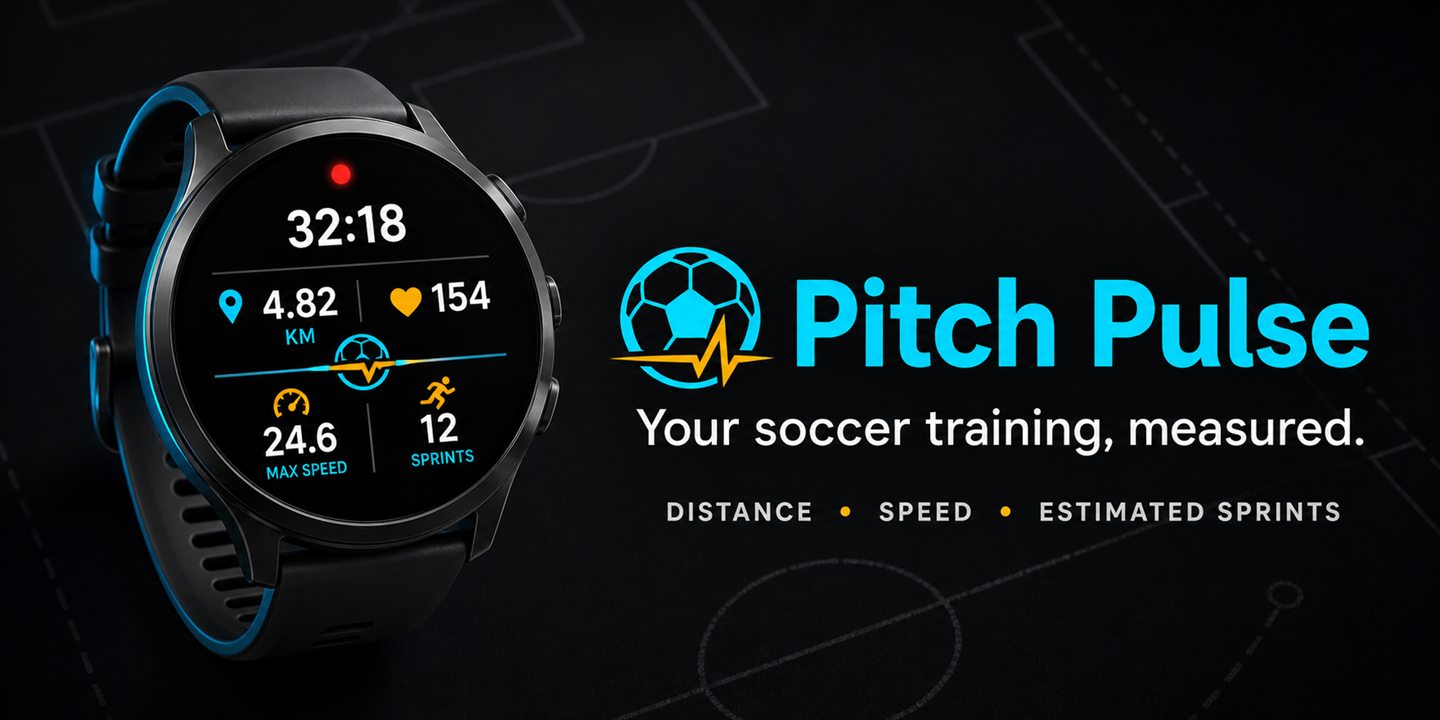 Pitch Pulse watch screen showing time, distance, heart rate, maximum speed and estimated sprints